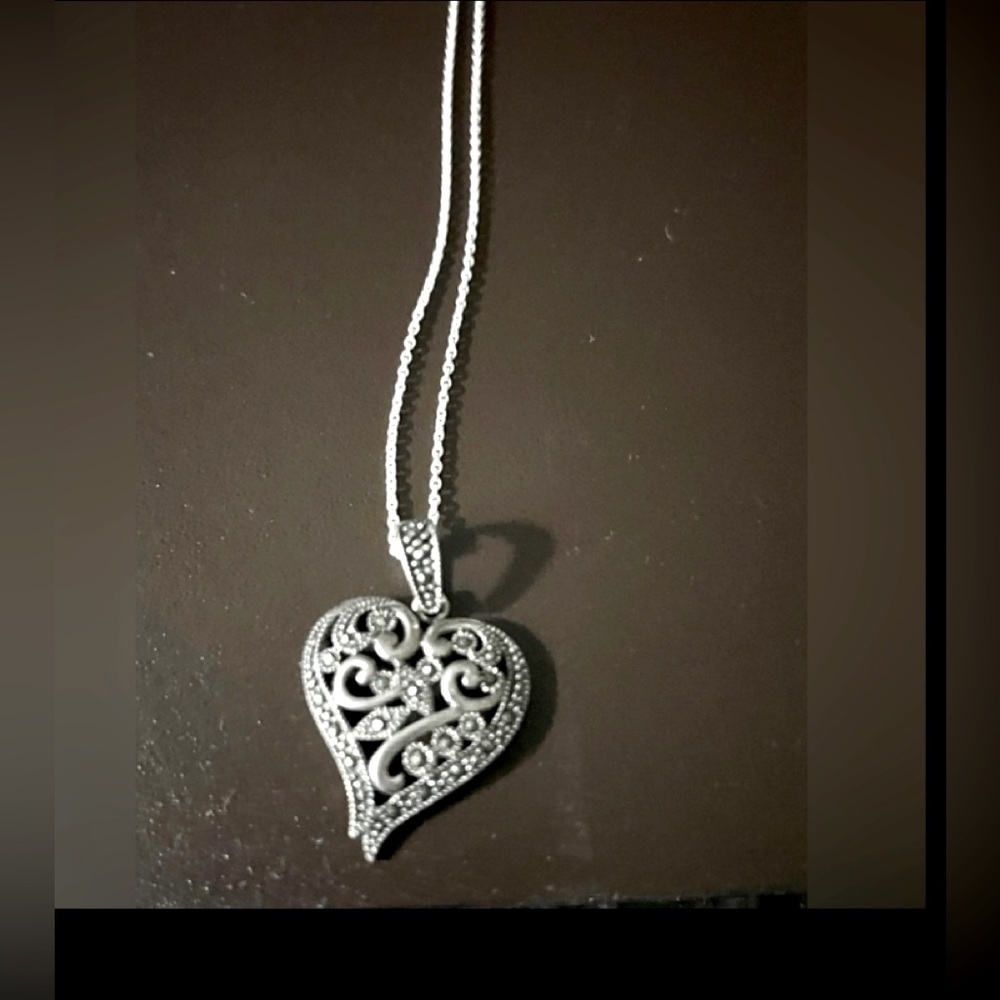 Rare Vintage Marcasite Sterling Silver SilverHeart Shaped Pendant & Chain